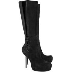 Rick Owens New Black Suede Leather Lace Up Side Exposed Zipper Knee High Boots