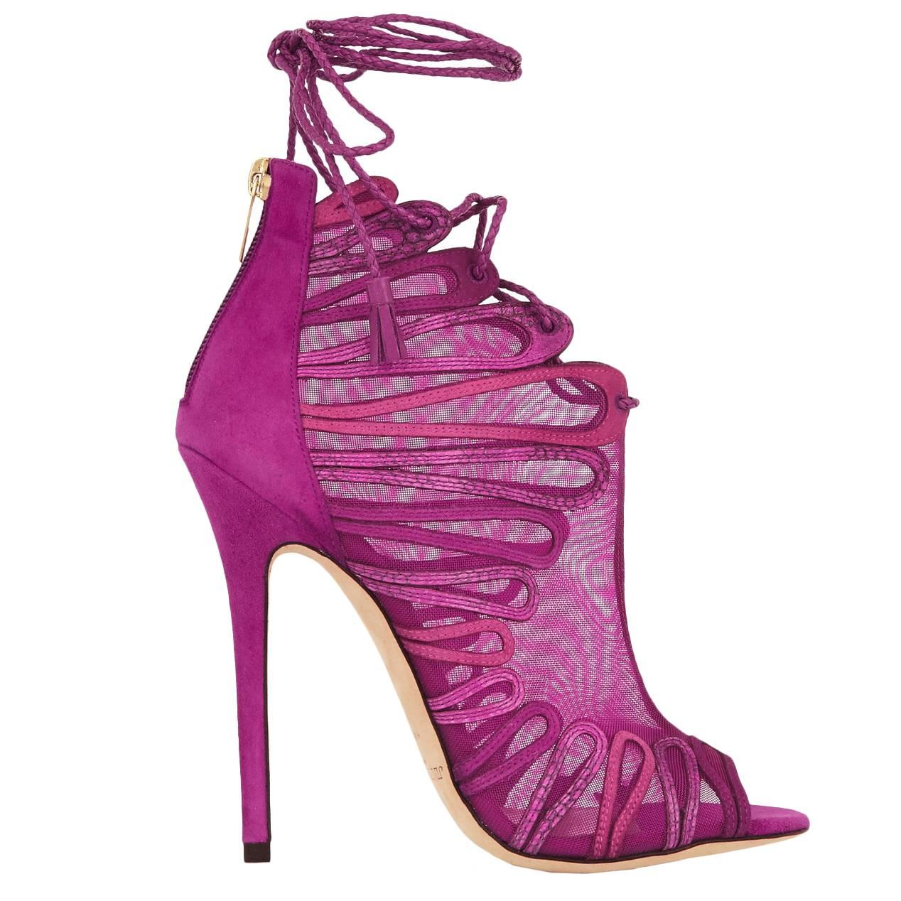Jimmy Choo NEW Fuchsia Pink Mesh Suede Lace Up Sandals High Heels Booties