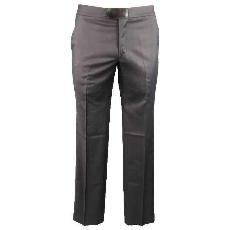 HERMES Size 32 Black Wool Leather Tab Waist Dress Pants