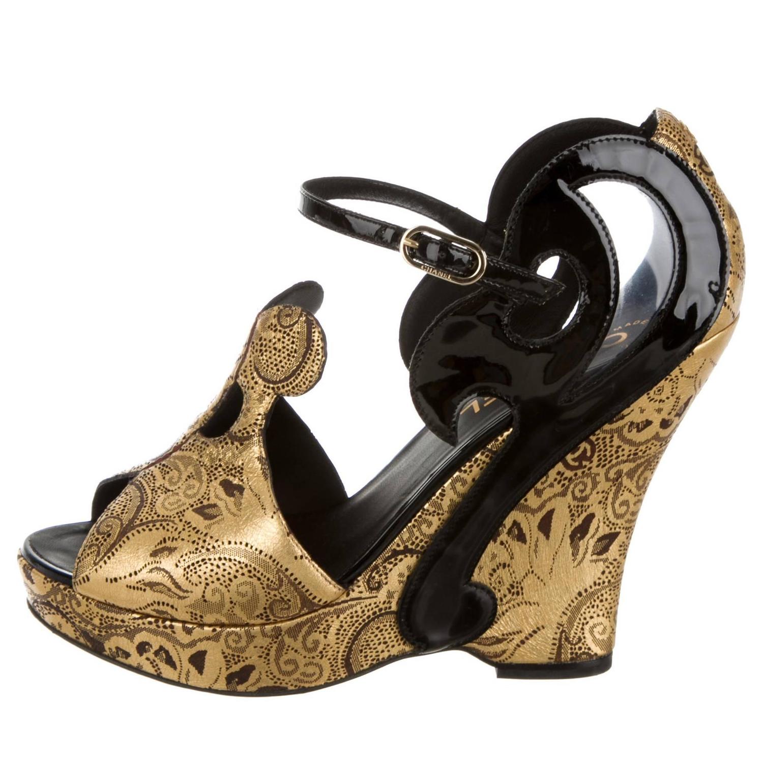 Chanel Gold Bronze Black Baroque Platform Peep Toe Wedge Sandals Heels ...