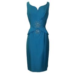 Anita Modes 1960s Teal Wiggle Dress with Pearl and Rhinestone Embellishment