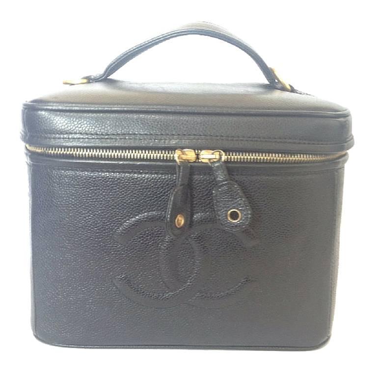 Vintage CHANEL black caviar large vanity purse, lunch box style handbag. Classic