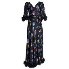 Yves Saint Laurent 1970s Silk Floral Print Two Piece with Fur Detailing Size 8