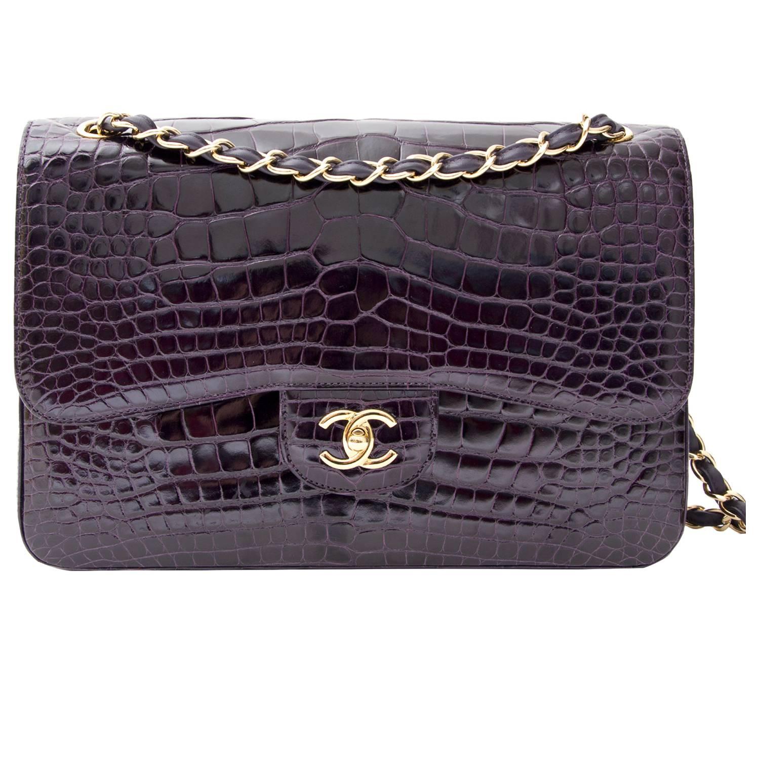 Rare Chanel  Amethyst Crocodile Jumbo Double Flap Bag 