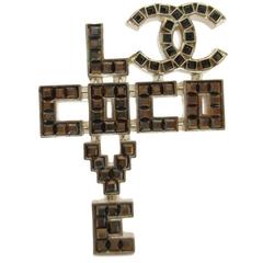 Chanel Rare Bronze Gold Rhinestone 'Love CoCo' CC Pin Brooch in Box