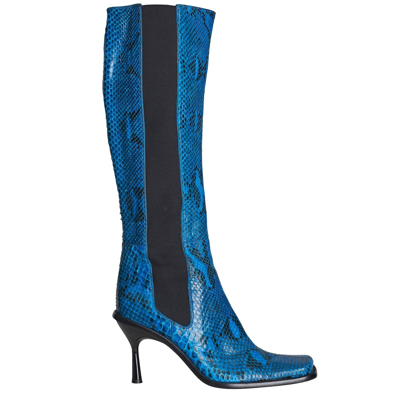 Dolce & Gabbana Black and Blue Snake Skin Boots For Sale