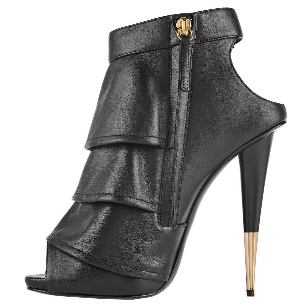 Giuseppe Zanotti Brand New Black Leather Ruffle Gold Stiletto Heels Ankle Bootie