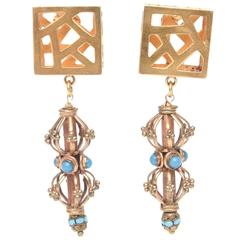 Pair of Sculptural Signed Cage and Square Dangle Earrings 10