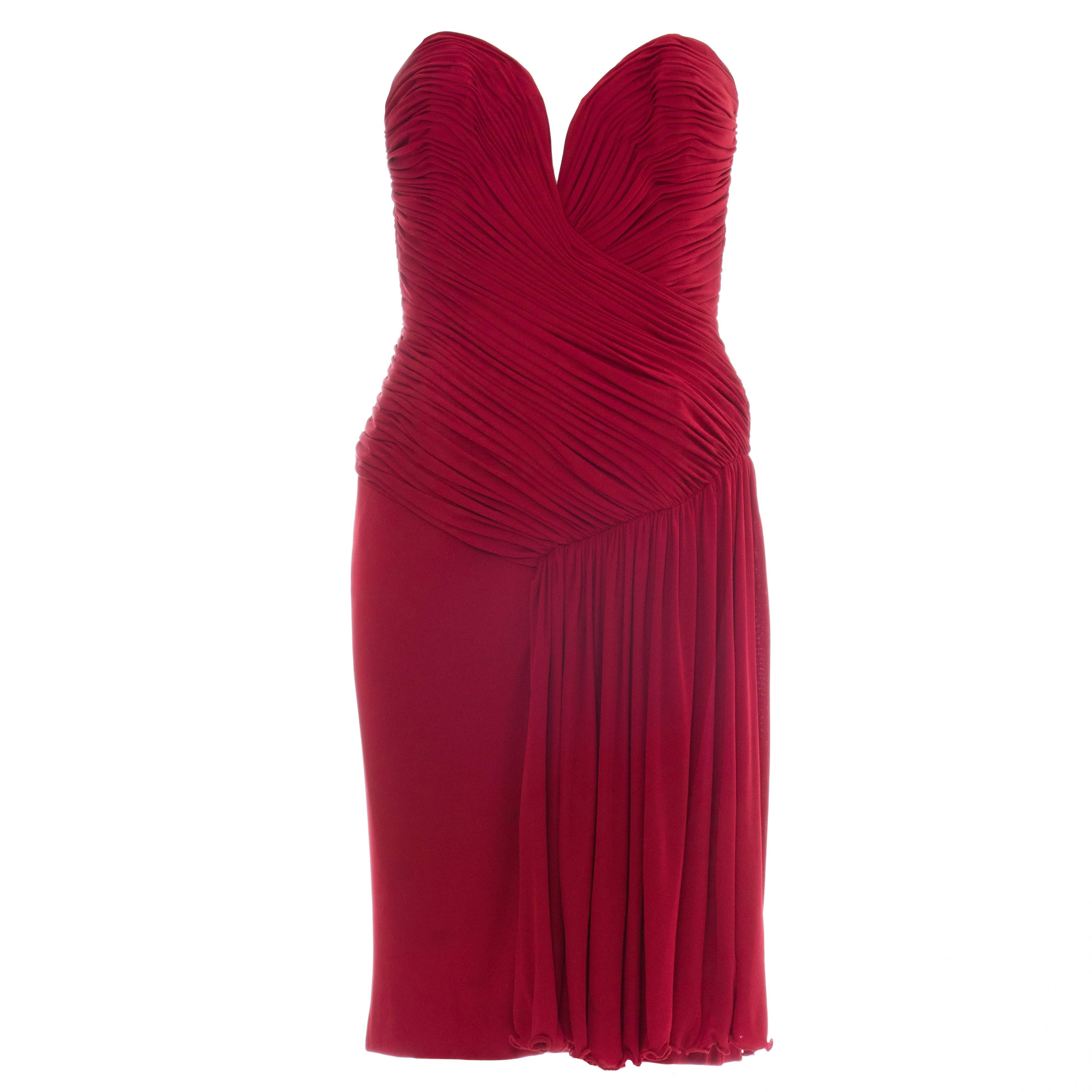 Vicky Tiel Couture Red Strapless Dress With Ruched Bodice, Circa 1980's For Sale