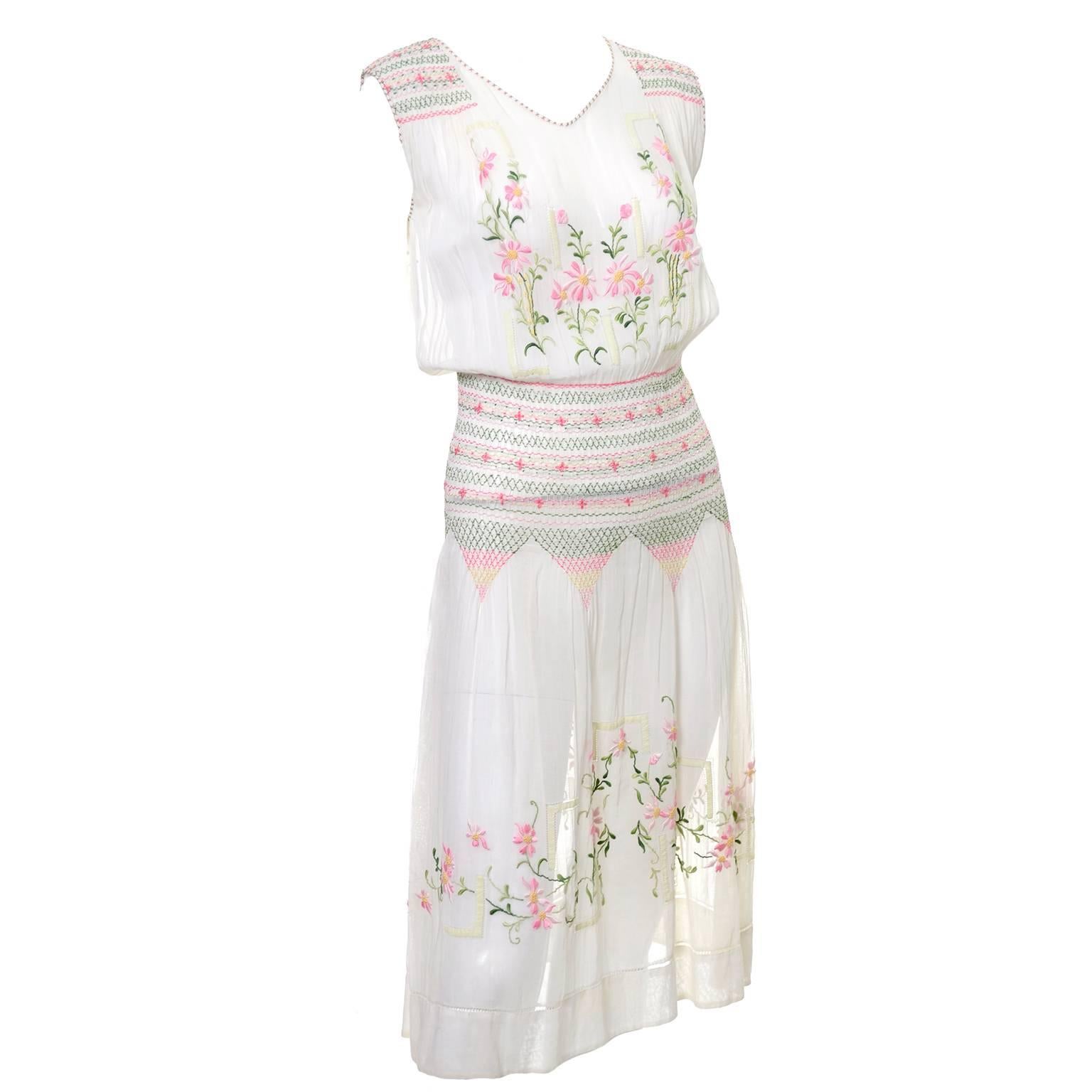 1920s Vintage Dress Ivory Cotton Voile Embroidered Flowers Bohemian Peasant