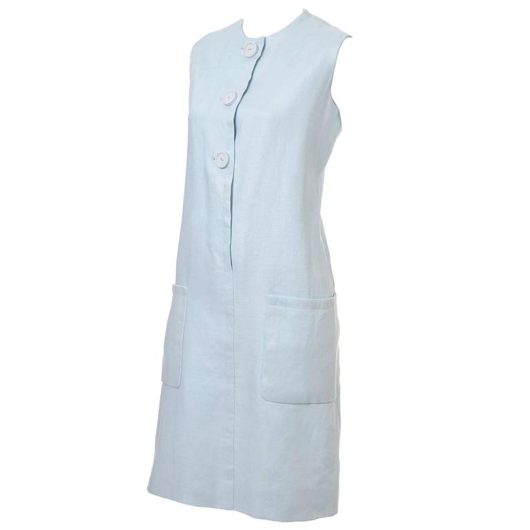 Norman Norell Vintage Dress from I Magnin in Blue Linen with Pockets ...