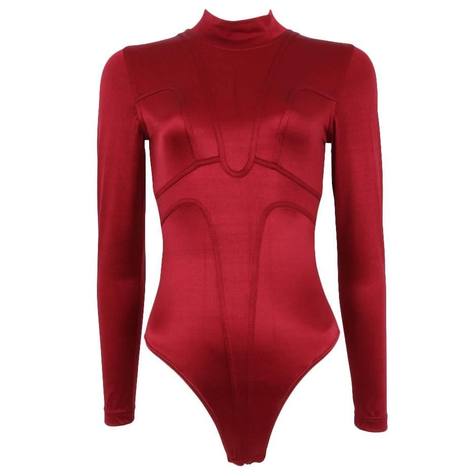 1980s Chrissie Walsh Ruby Red Metallic Body Suit For Sale
