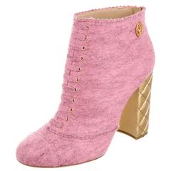 Chanel Brand New Pink Gold Stacked Heel Round Toe Ankle Booties in Dust Bag