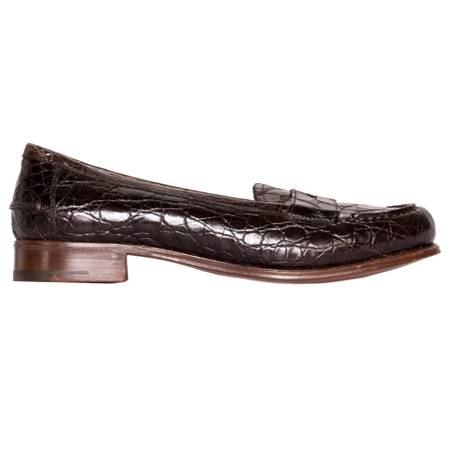 Prada Brown Crocodile Penny Loafers For Sale