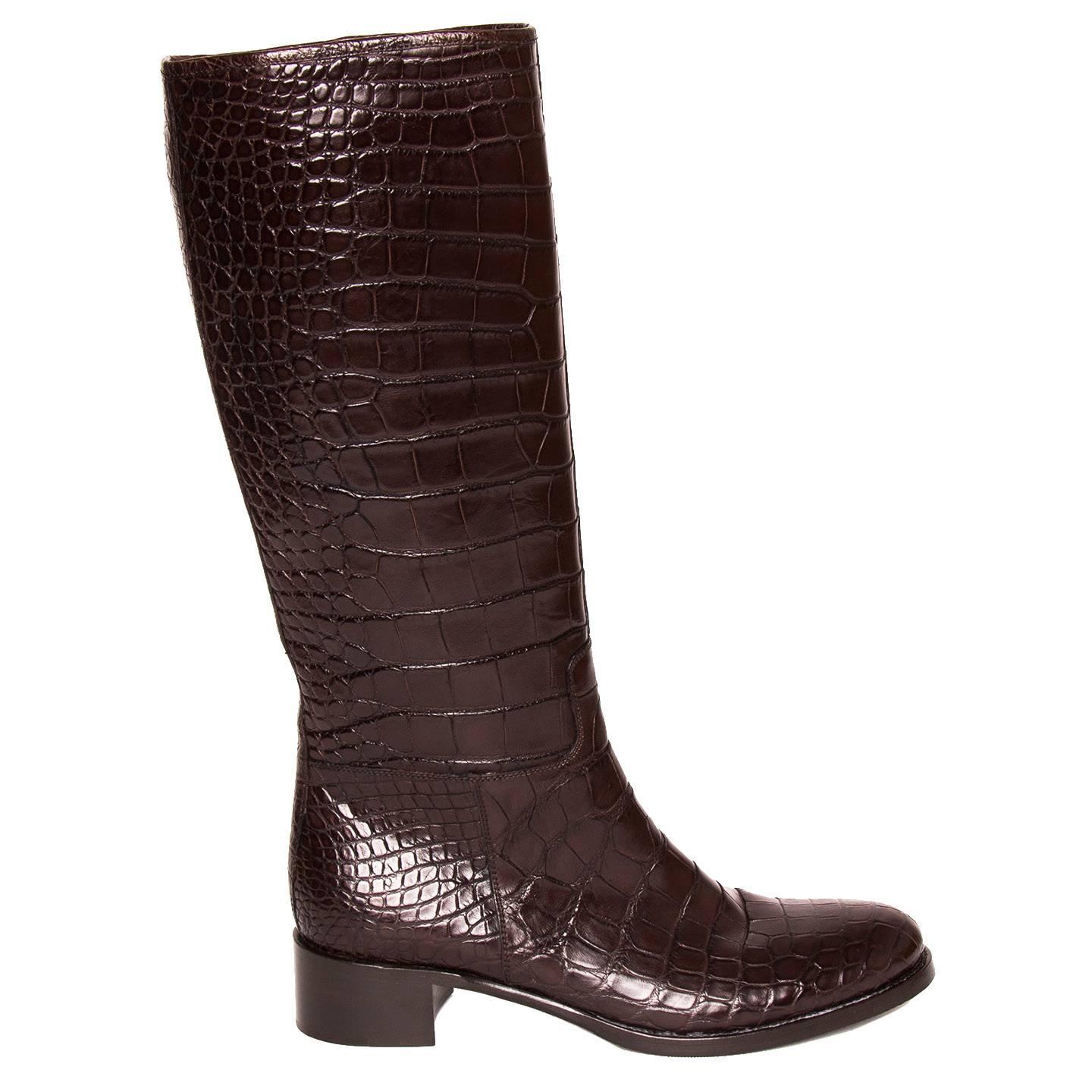 Prada Brown Knee High Crocodile Boots For Sale