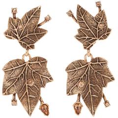 Vintage Oscar de la Renta Gold Bronze Metal Crystal Leaf Dangle Drop Chandelier Earrings
