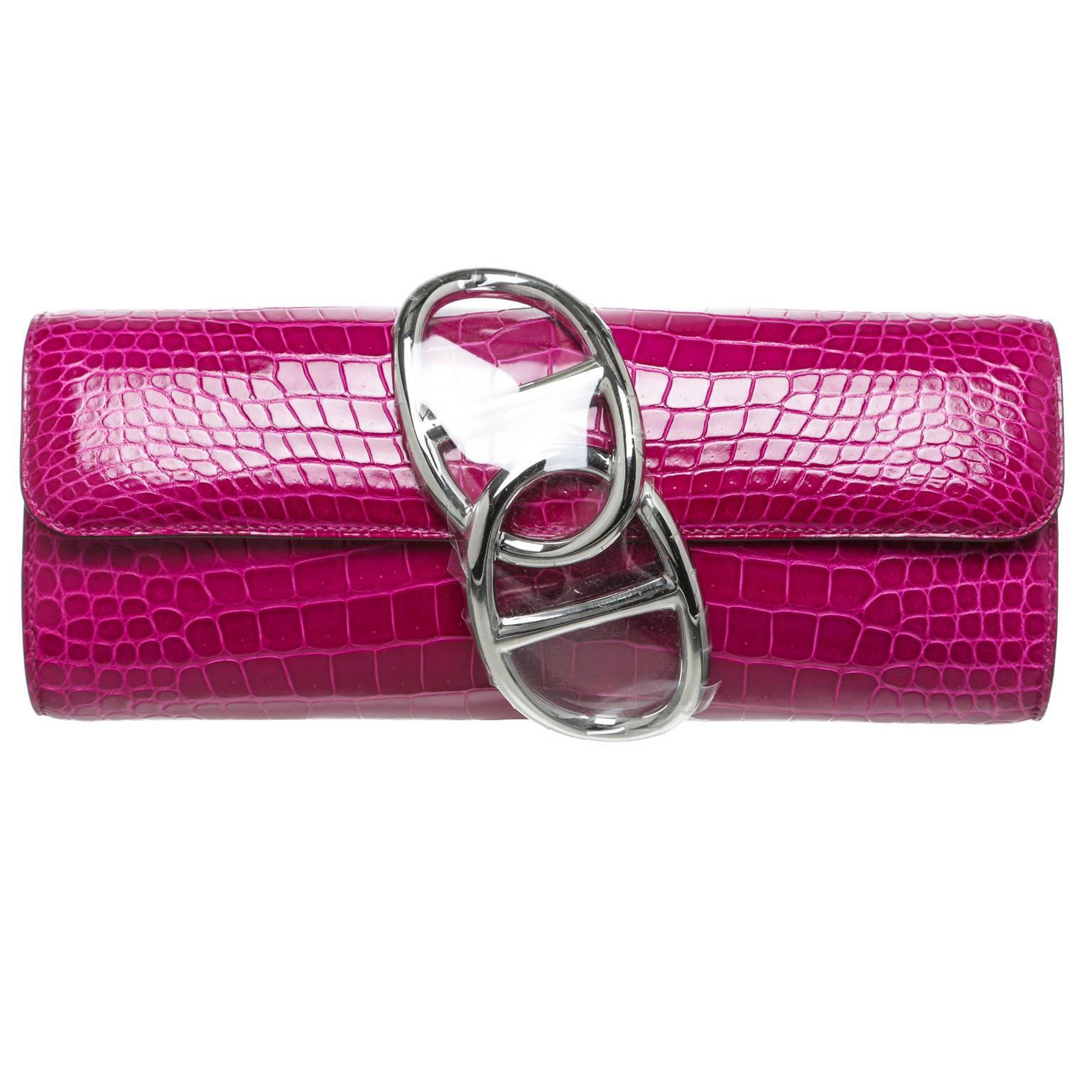 Hermes Rose Sheherazade Crocodile Egree Clutch Handbag For Sale