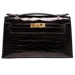 Hermes Black Shiny Alligator Mini Kelly Pochette Gold Hardware