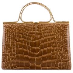 Judith Leiber Cognac Brown Crocodile Gold HW Top Handle Evening Satchel Bag