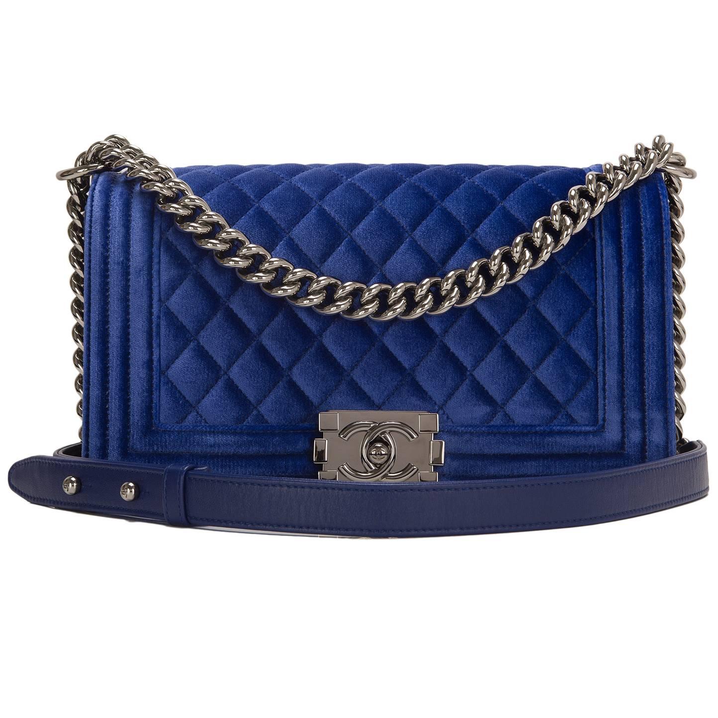 Chanel Blue Quilted Velvet Medium Boy Shoulder Bag