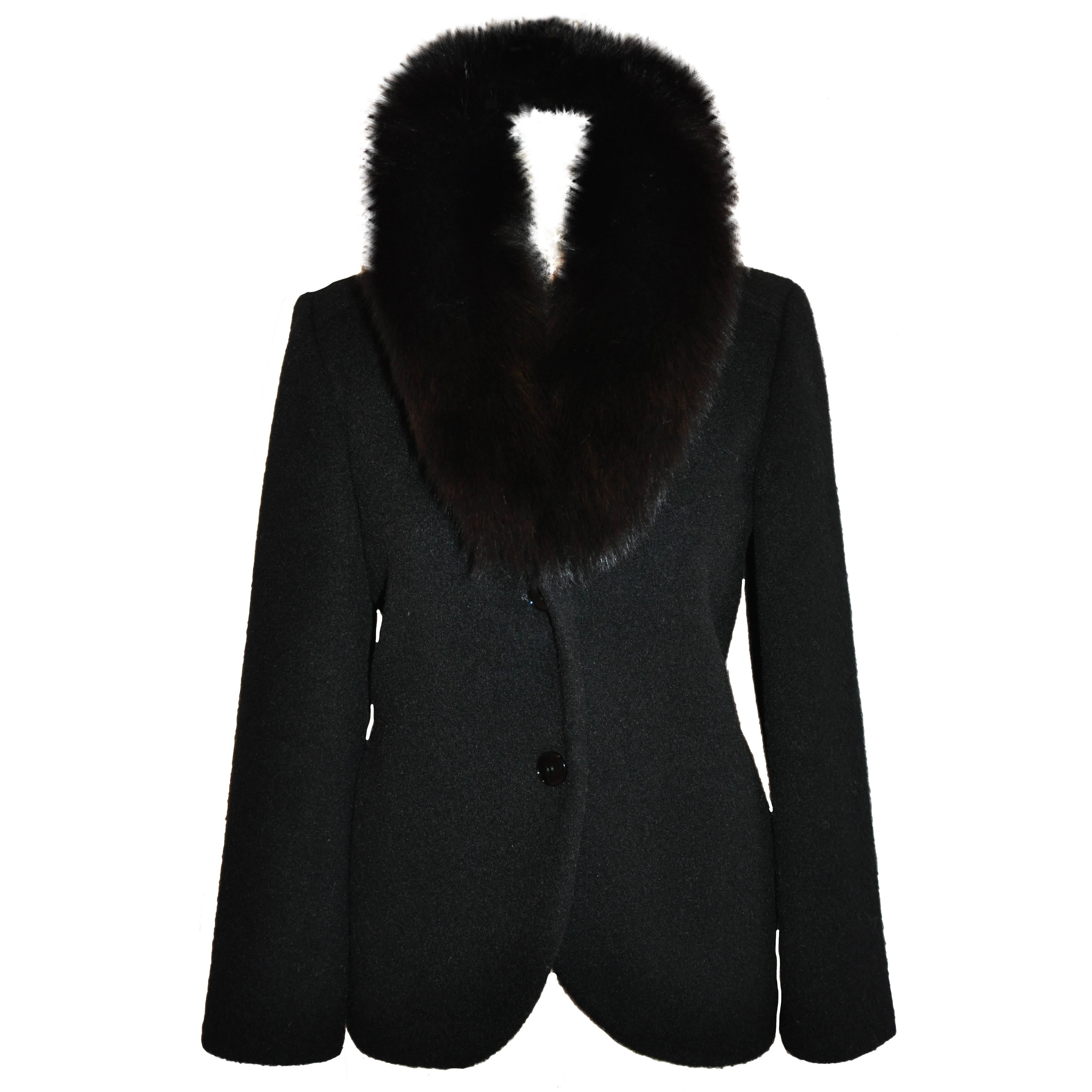 Pierre Cardin "Boutique" Black Wool Accented with Fox Collar Evening Jacket For Sale