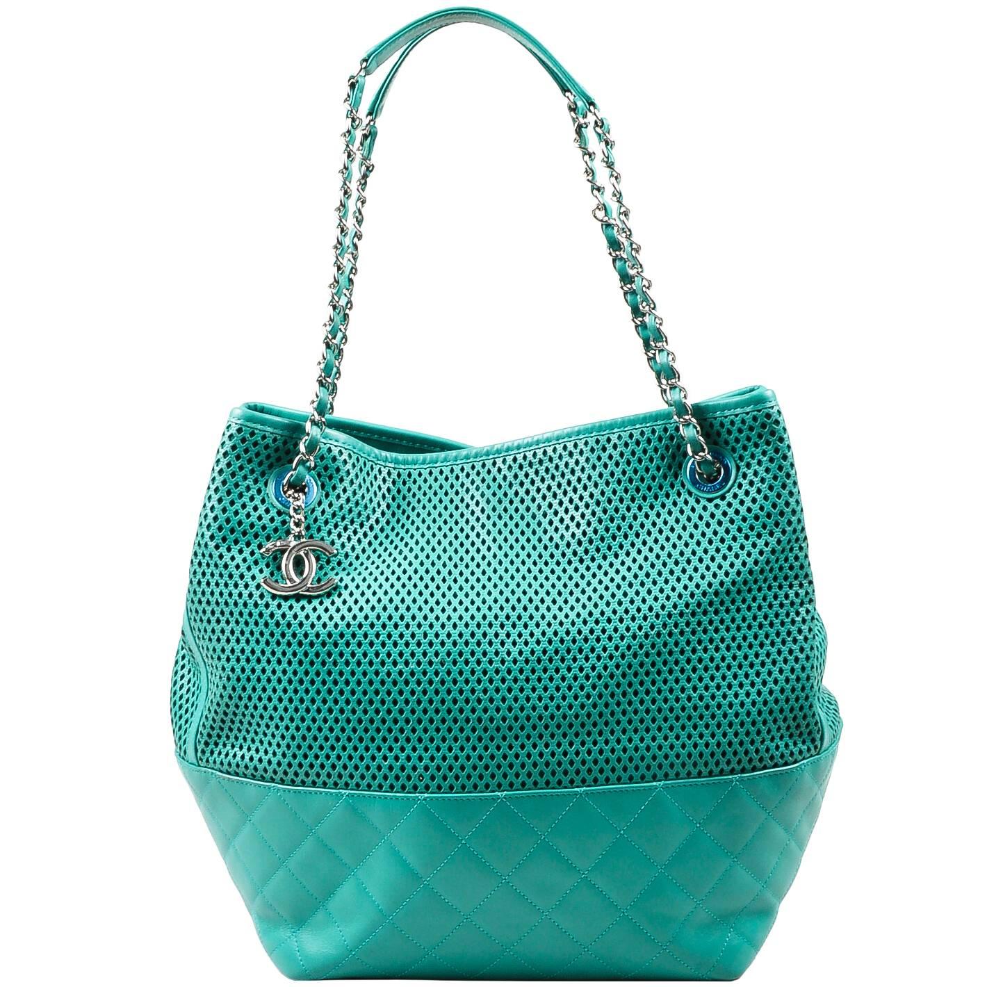 Chanel Teal Leather Perforated Quilted "Up in the Air" Chain Handle Tote Bag For Sale