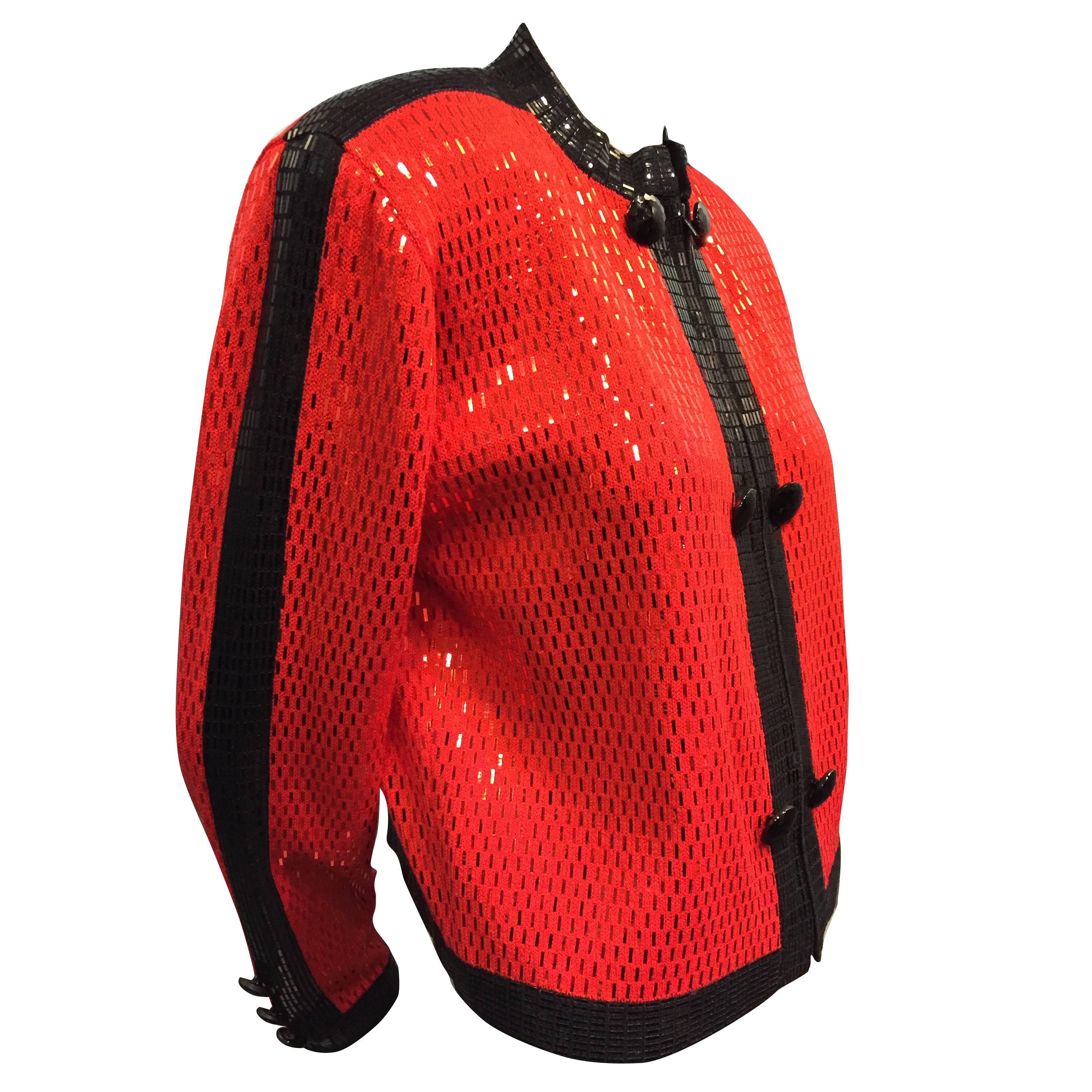 St. John Red and Black Zipper-Front Rayon Knit Jacket w Bar Sequins