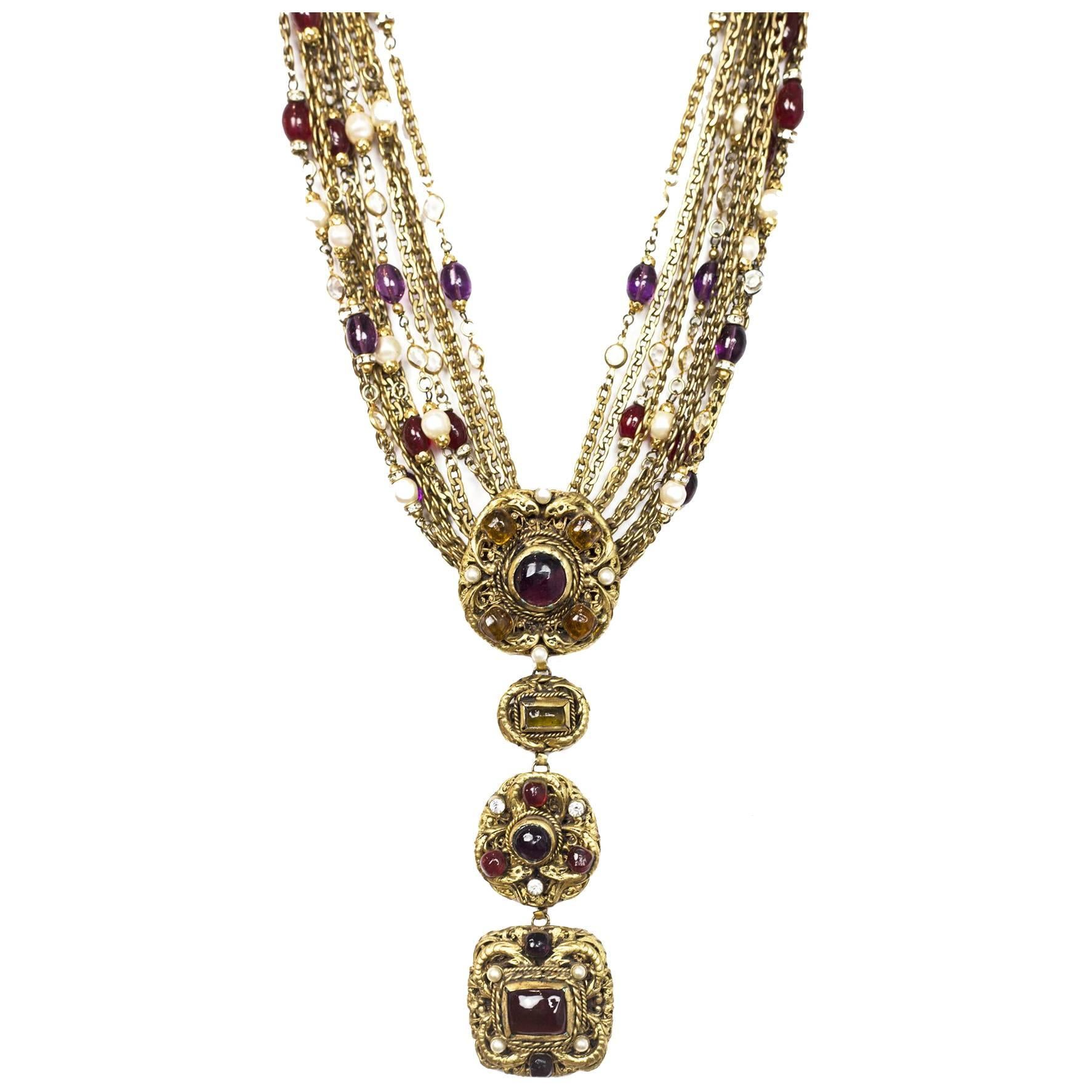 Chanel 1984 Vintage Gold Multi-Strand Gripoix and Pearl Long Medallion Necklace