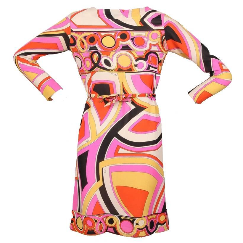 Vintage Emilio Pucci Pink/Orange/Yellow Abstract Pattern Belted Silk Dress SZ 10 For Sale