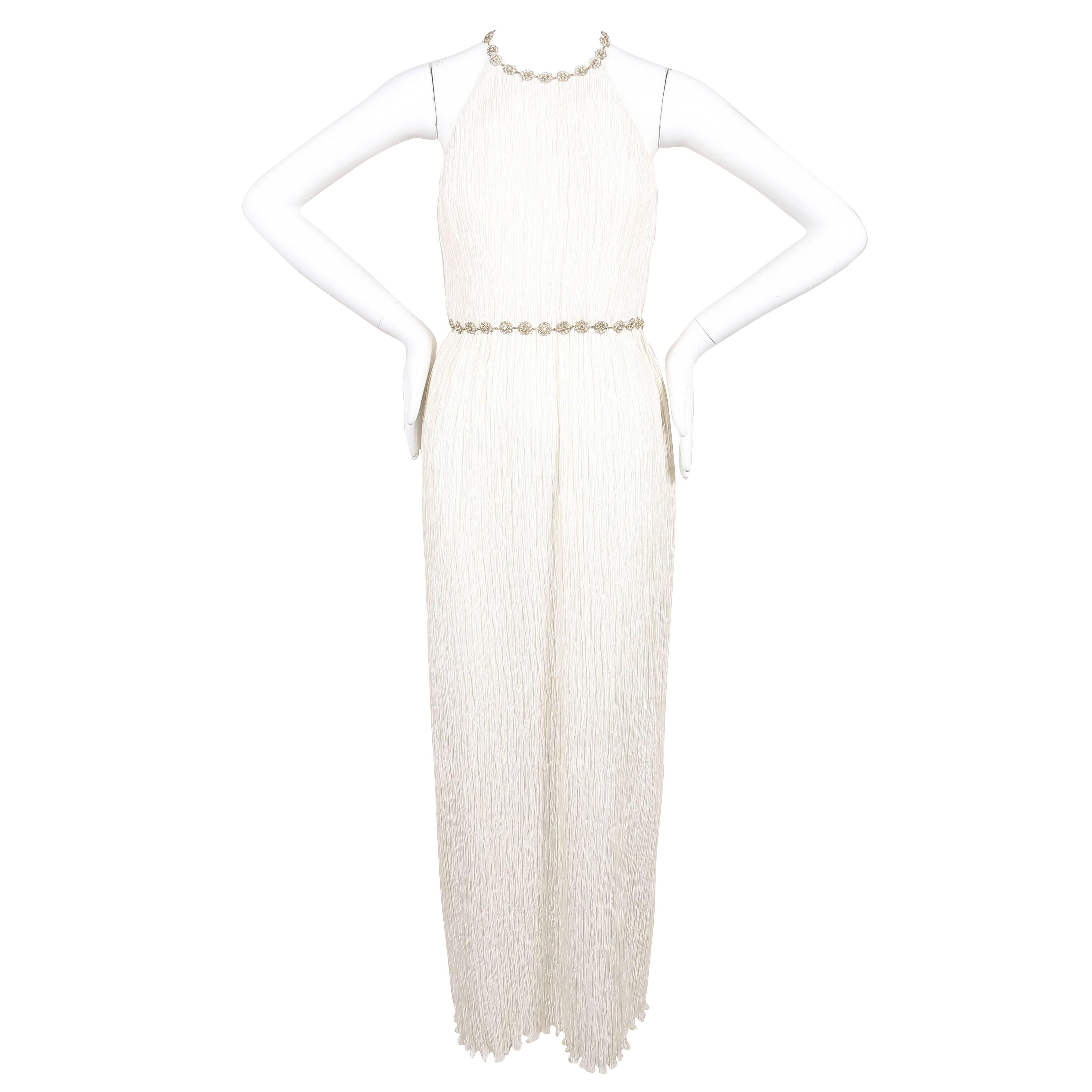 Vintage Mary McFadden Ivory Crinkled Beaded Strap Back Sleeveless Gown SZ 4 For Sale