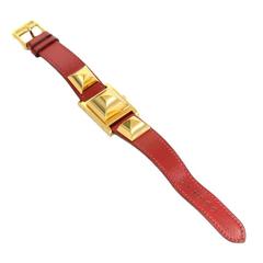 Hermes Medor PM Red Leather x Gold Tone Wrist Watch + Case
