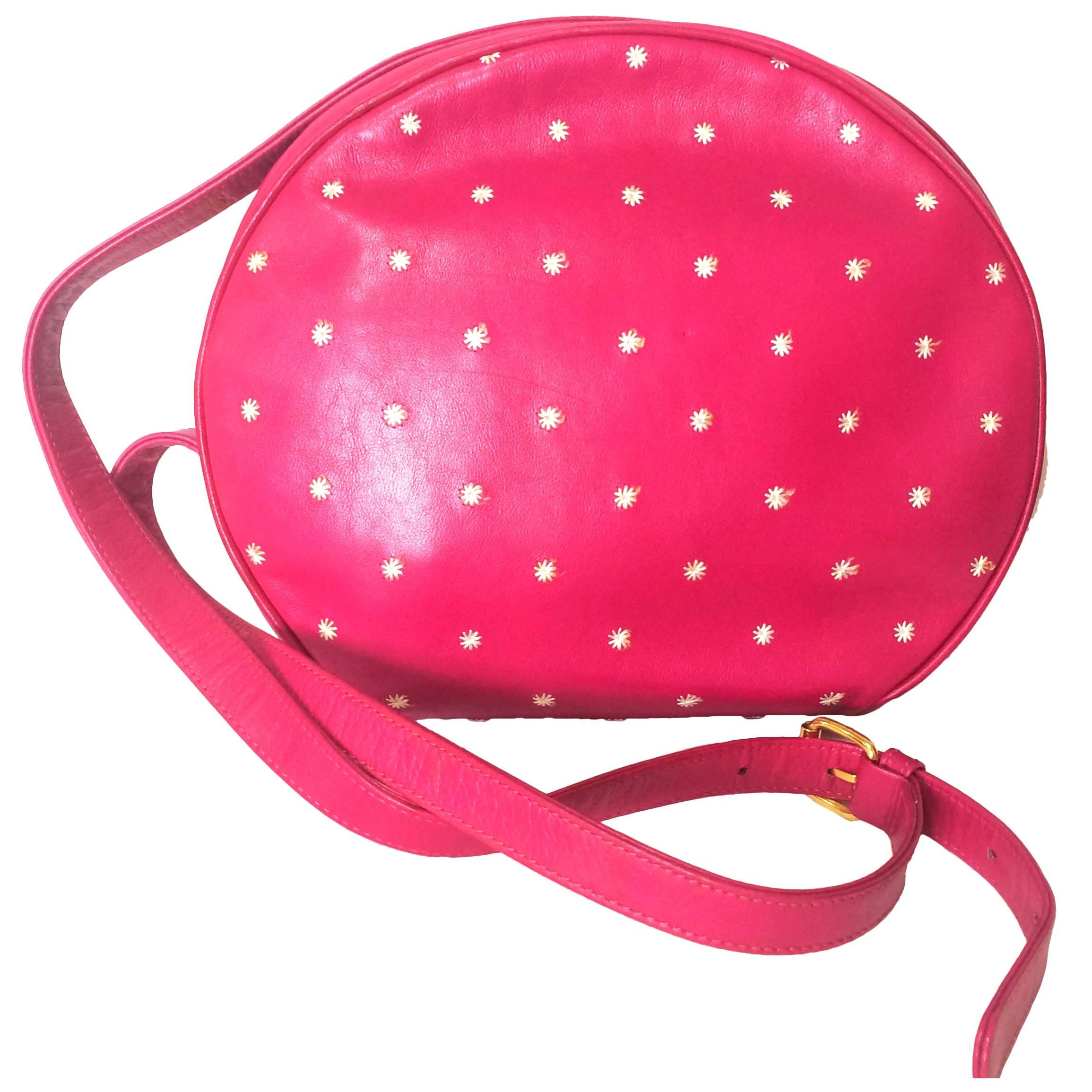 Vintage Valentino Garavani pink  round shape shoulder bag with white emboroidery For Sale