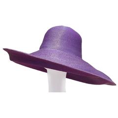   Vintage Galanos purple glazed straw wide brim hat 1960s unworn