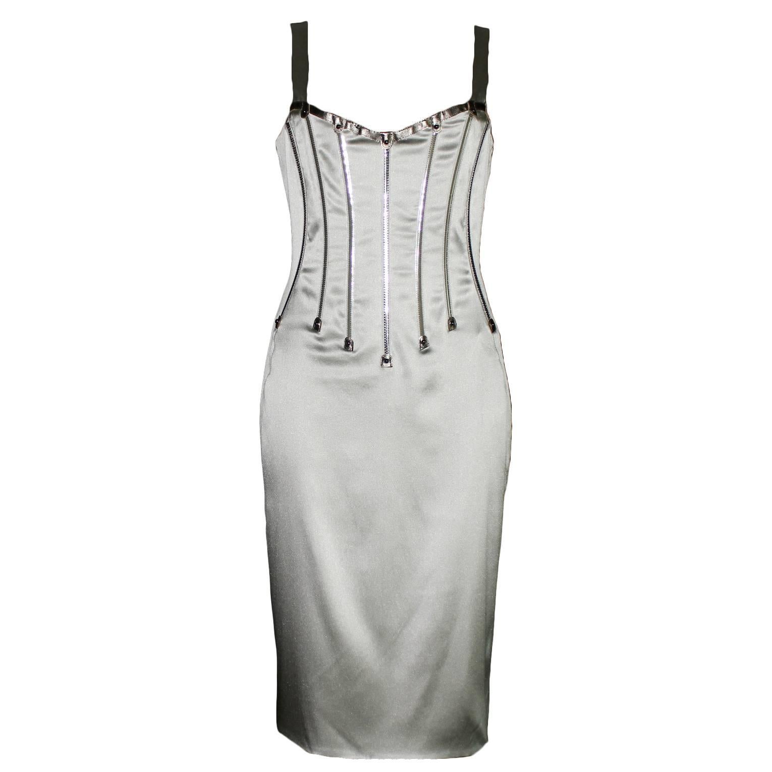 Dolce & Gabbana Silver Grey Stretch Silk Leather Dress