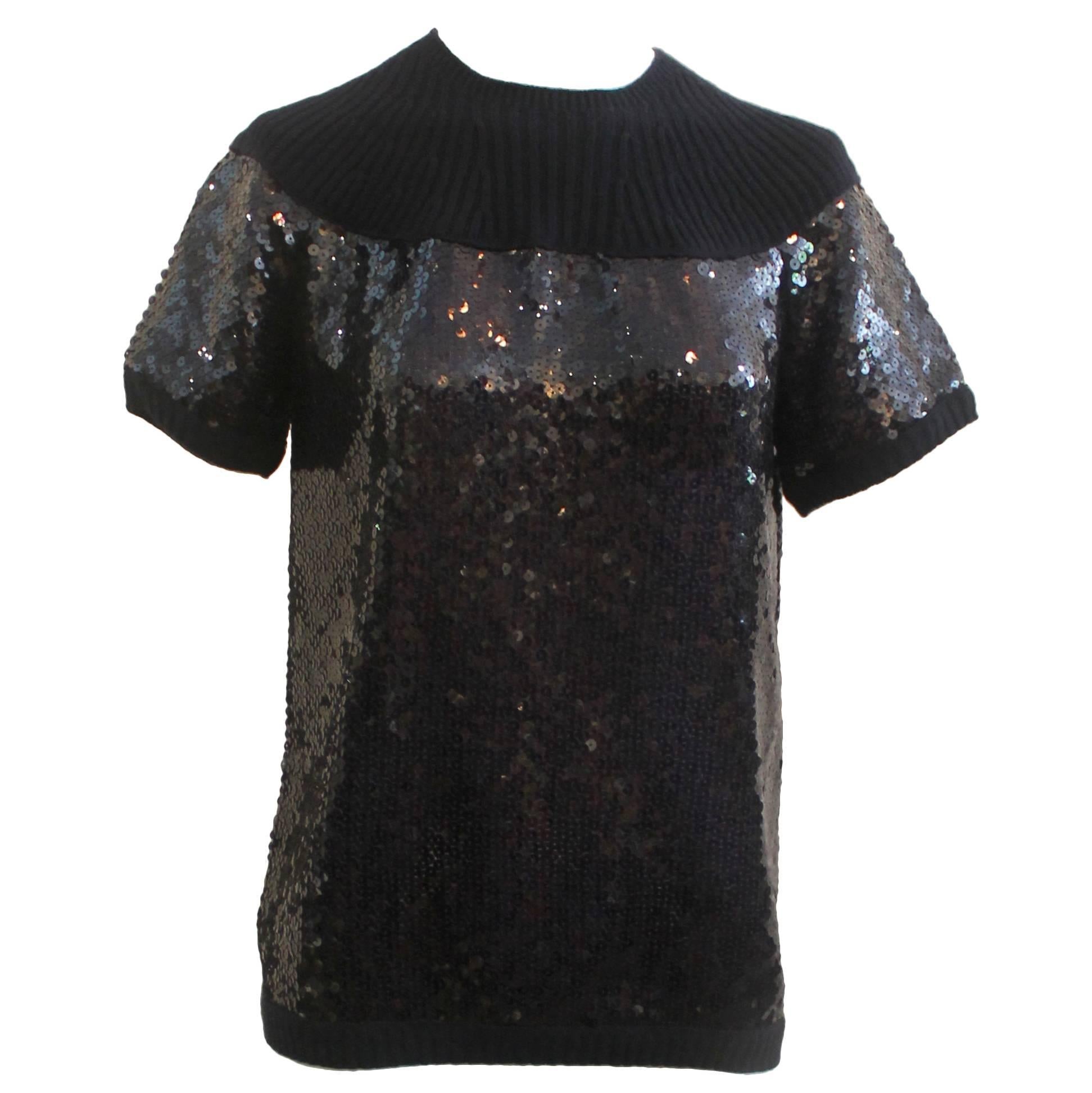 Chanel Navy Cashmere Sequin Short Sleeve Blouse - 40
