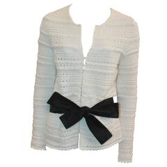 Valentino Ivory Cotton Crochet Cardigan with Black Ribbon Belt - M