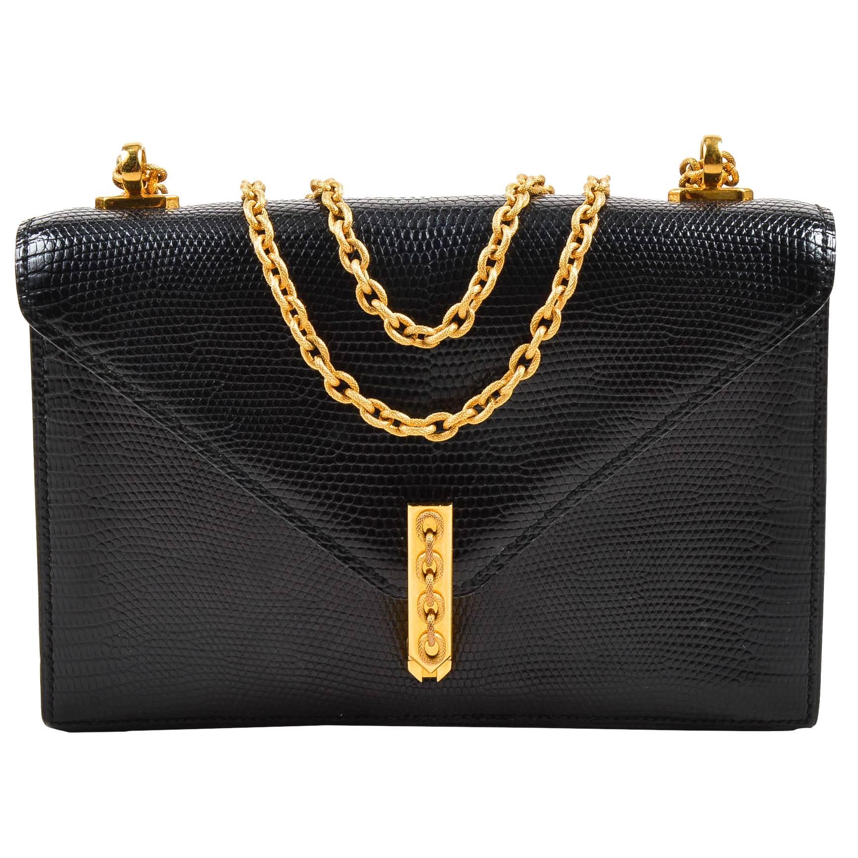 Vintage Hermes Black Lizard Gold Tone Metal Chain "Alcazar" Shoulder Bag For Sale