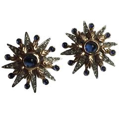 Sterling Vintage 1940s Faux Sapphire and Diamond Clip Back Earrings