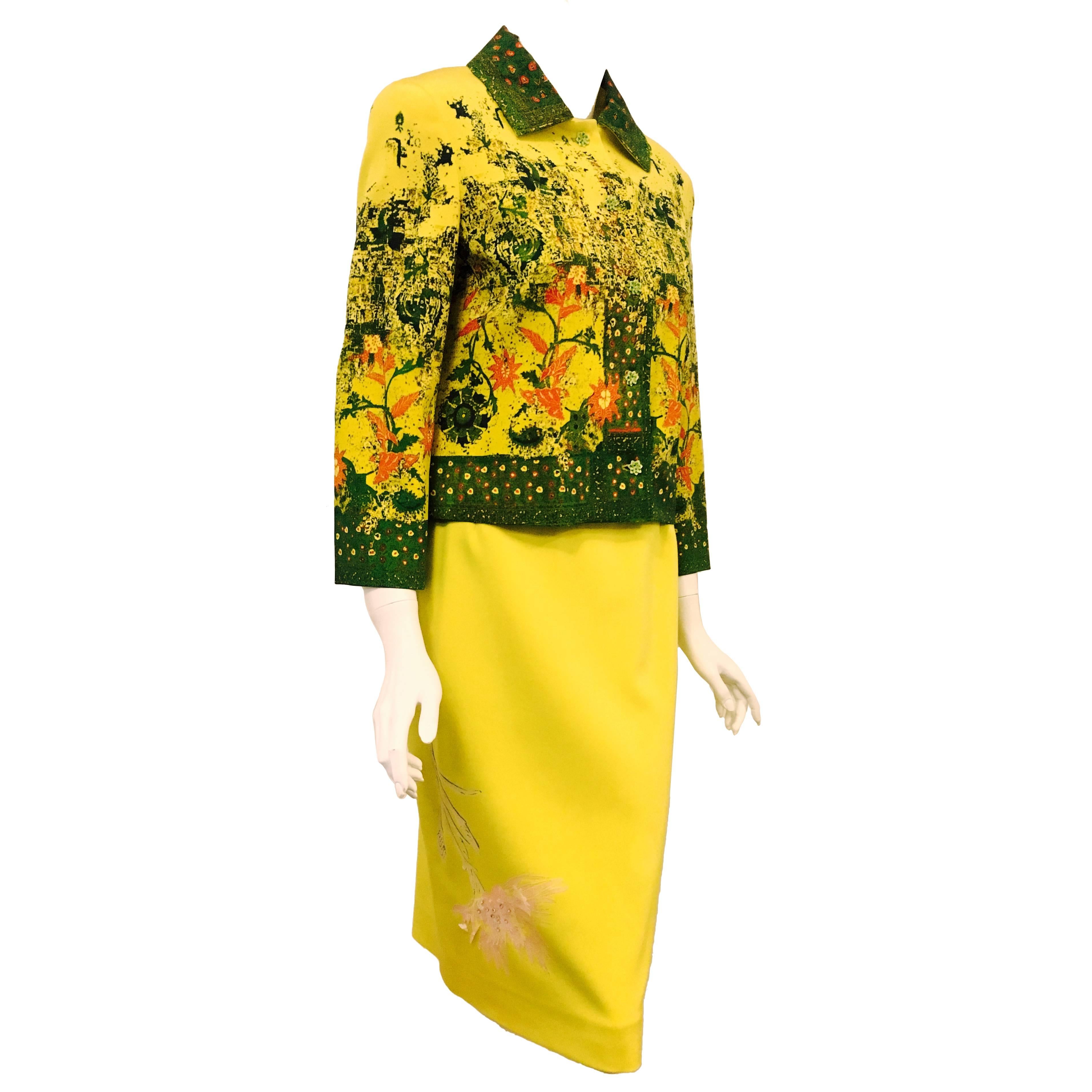 Christian Lacroix Green and Citrus Yellow Skirt Suit With Hand Painted Skirt
