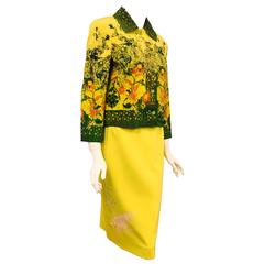 Vintage Christian Lacroix Green and Citrus Yellow Skirt Suit With Hand Painted Skirt