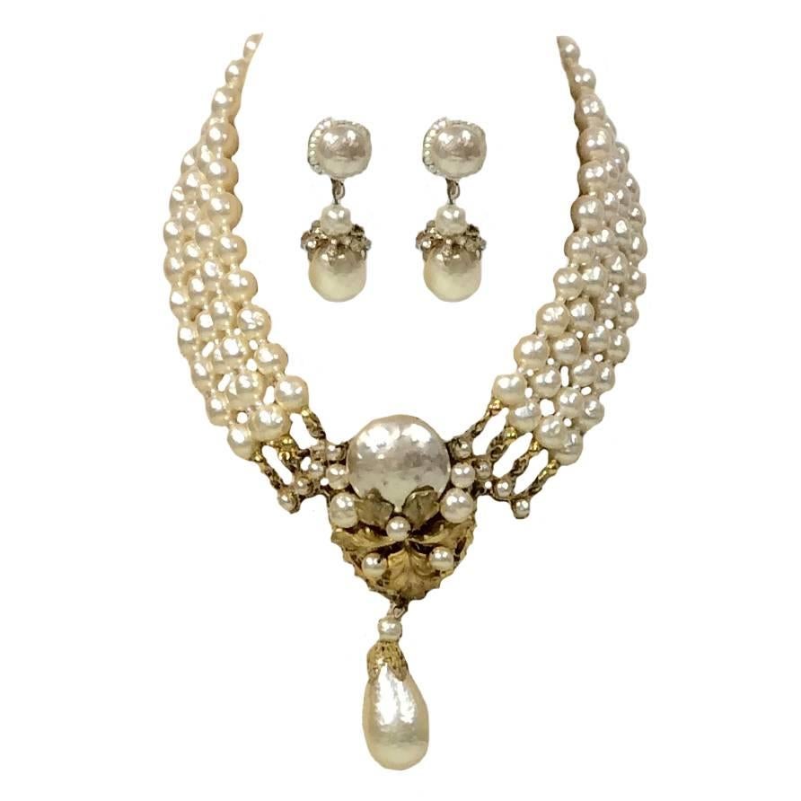 Miriam Haskell 4 Strand Pearl Choker and Earring Set For Sale