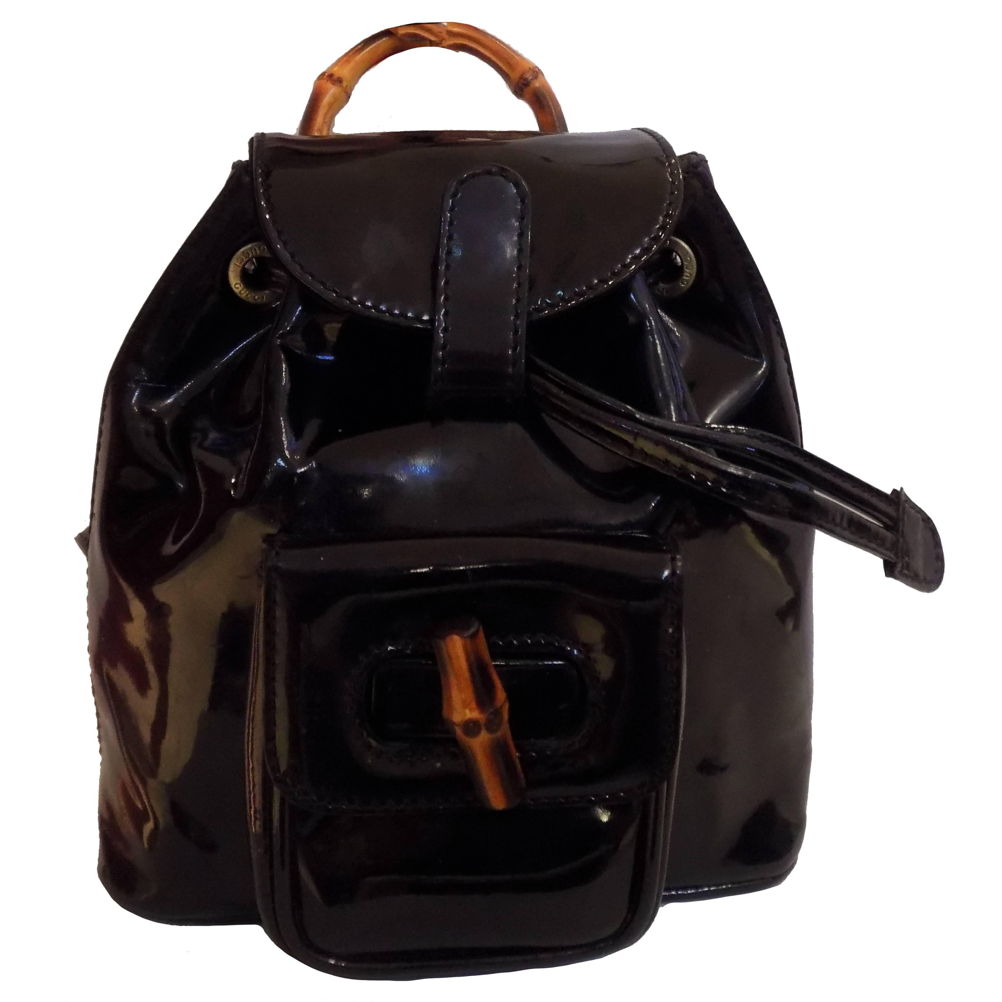 Gucci Bamboo Black Varnish Leather Small Backpack