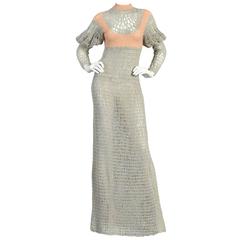 Hand Knit 1970s Floor Length Maxi Dress with Leg of Mutton Sleeves
