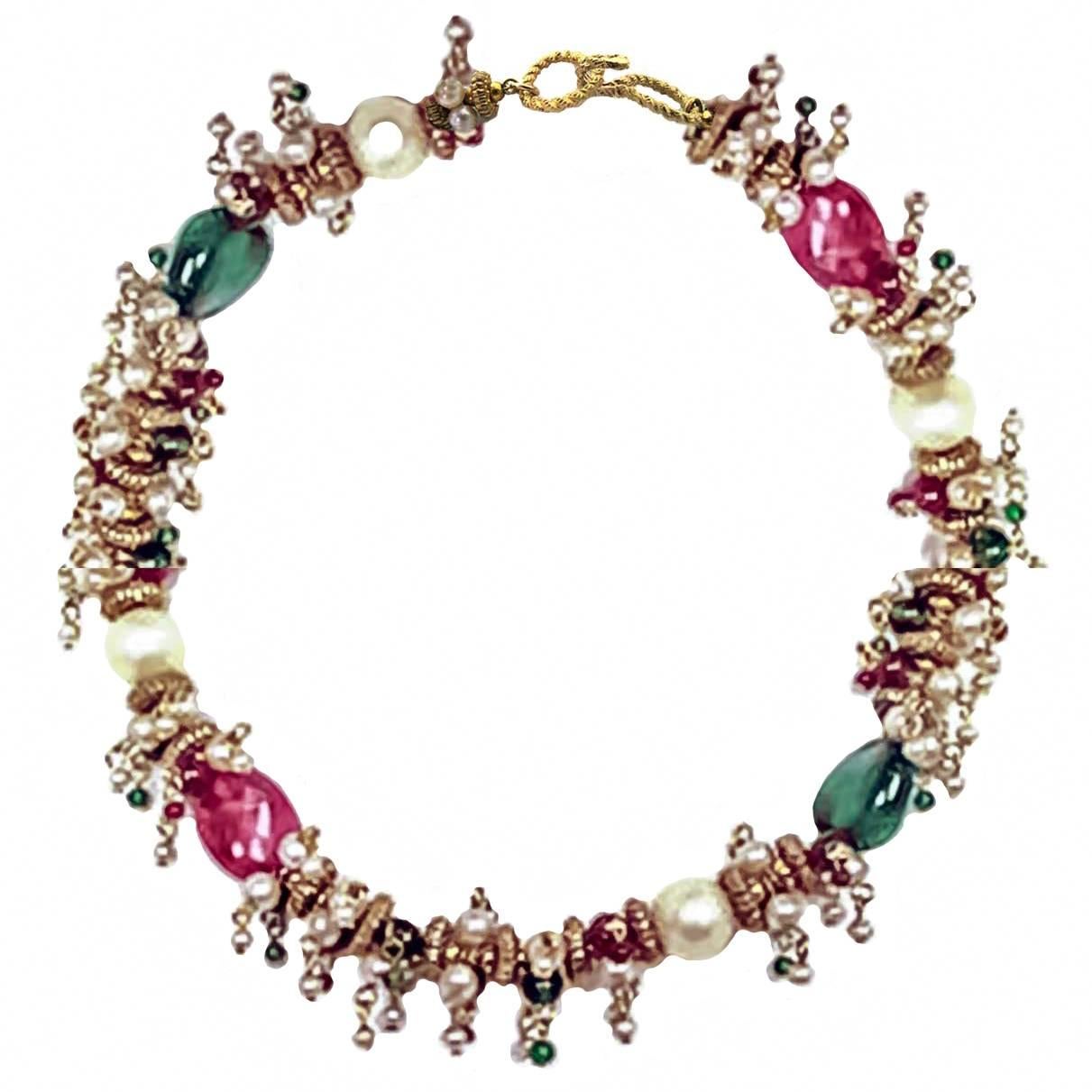 Chanel Vintage '60s Red & Green Gripoix Pearl Necklace
