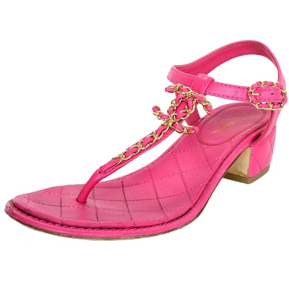 Chanel Pink and Goldtone Quilted Chain-link CC T-Strap Sandals Sz 36