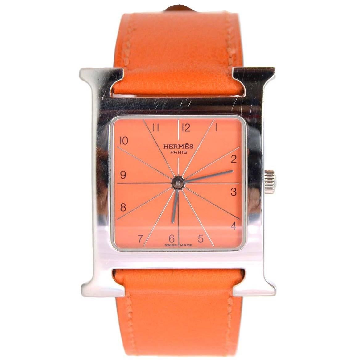 Hermes Orange Leather and Stainless H Heure Hour MM Watch rt. $2, 725