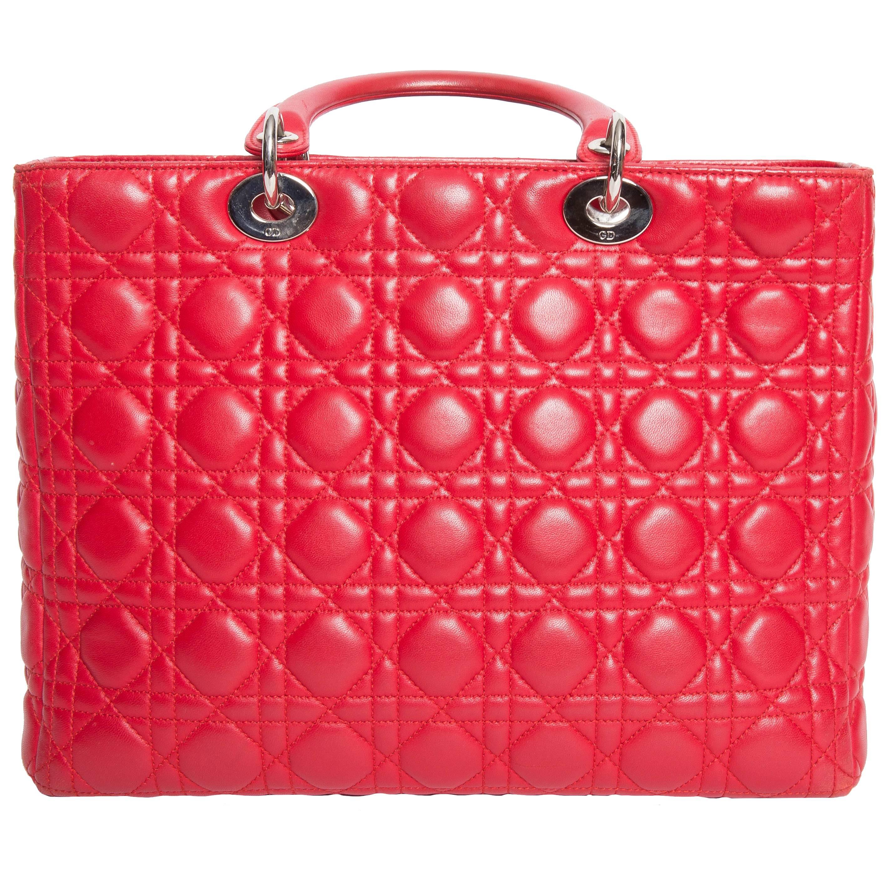 Christian Dior Lady Dior Red Leather Bag with Silver Hardware