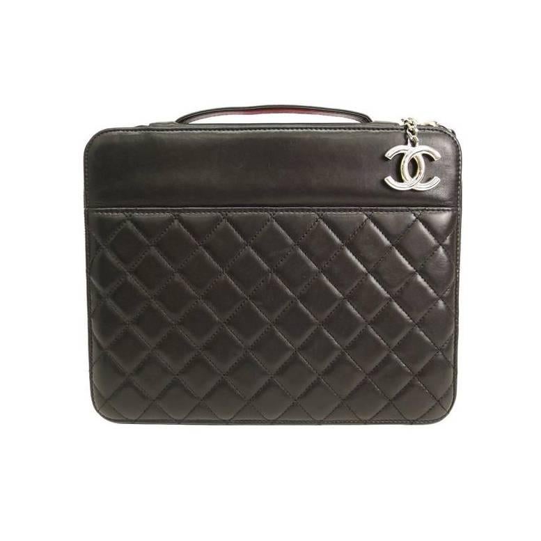 Chanel Black Lambskin Quilted iPad Tablet Tech Accessory Carrying Briefcase Bag
