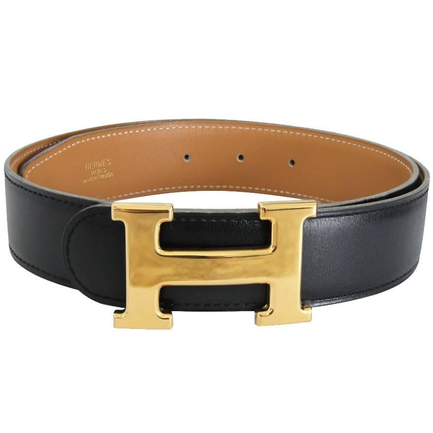 Hermes Gold Tone "H" Belt on Black Leather Reversible Size 70