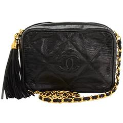 Retro Chanel 7" Black Lizard Quilted Leather Fringe Shoulder Pochette Bag